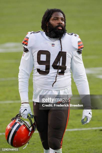 Adrian Clayborn of the Cleveland Browns leaves the field after a game against the Tennessee Titans at Nissan Stadium on December 06, 2020 in...