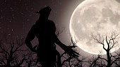 Illustration of a werewolf during the full moon in the creepy forest