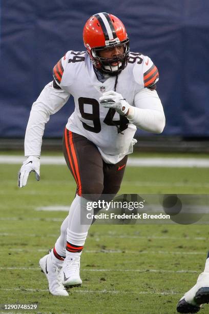 Adrian Clayborn of the Cleveland Browns plays against the Tennessee Titans at Nissan Stadium on December 06, 2020 in Nashville, Tennessee.