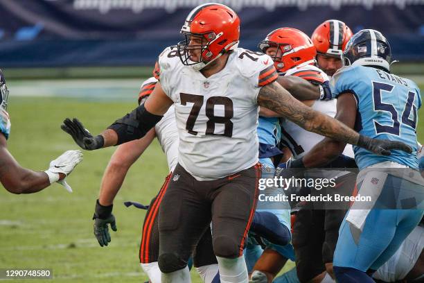 Jack Conklin of the Cleveland Browns plays against the Tennessee Titans at Nissan Stadium on December 06, 2020 in Nashville, Tennessee.