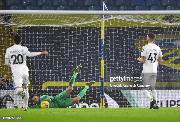 Mateusz Klich of Leeds United has a penalty saved by Lukasz Fabianski of West Ham United during the Premier League match between Leeds United and...