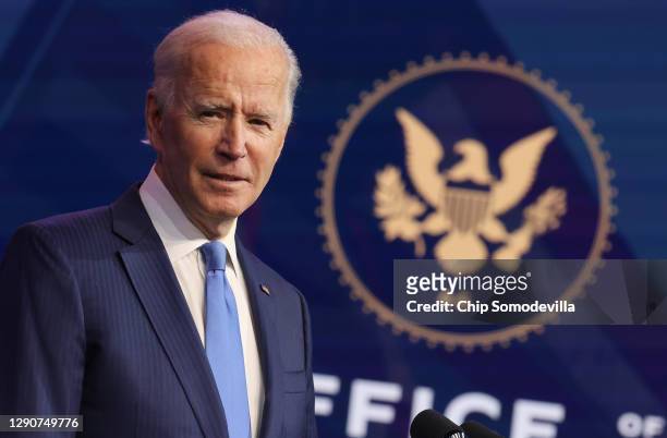 President-elect Joe Biden speaks during an event to announce new cabinet nominations at the Queen Theatre on December 11, 2020 in Wilmington,...