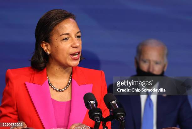 President-elect Joe Biden looks on as former Obama National Security Advisor Susan Rice delivers remarks after being introduced as Biden’s choice to...