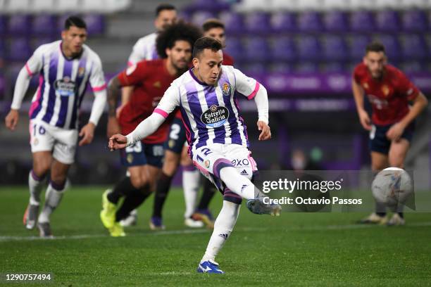 Fabian Orellana of Valladolid scores their sides second goal from the penaly spot during the La Liga Santander match between Real Valladolid CF and...