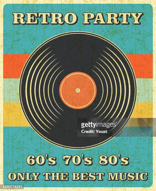 retro music and vintage vinyl record poster in retro desigh style. disco party 60s, 70s, 80s. - rock music stock illustrations
