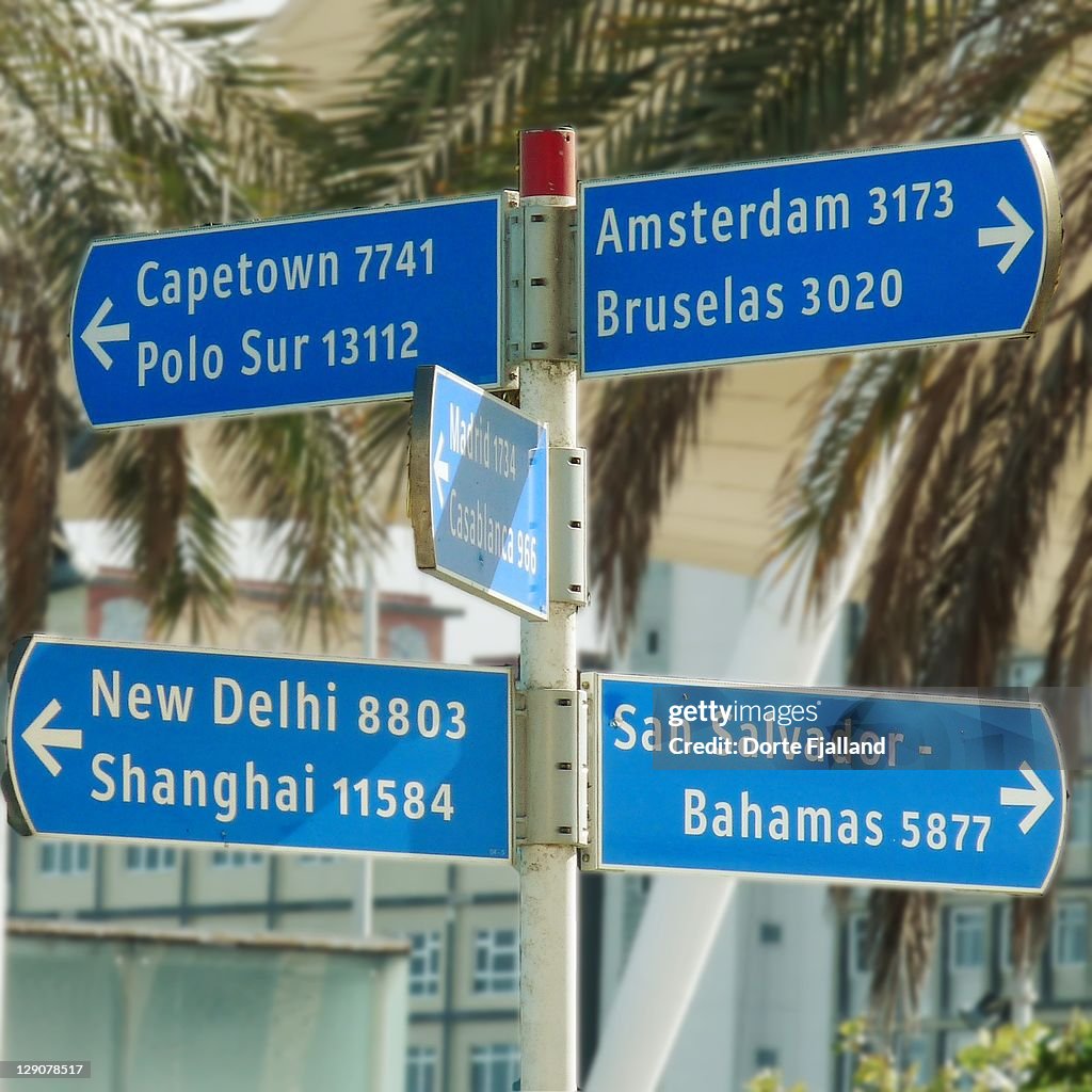 Road signs to cities around world
