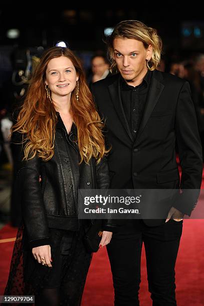 Actress Bonnie Wright and actor Jamie Campbell Bower attend the "360" premiere during the 55th BFI London Film Festival at Odeon Leicester Square on...