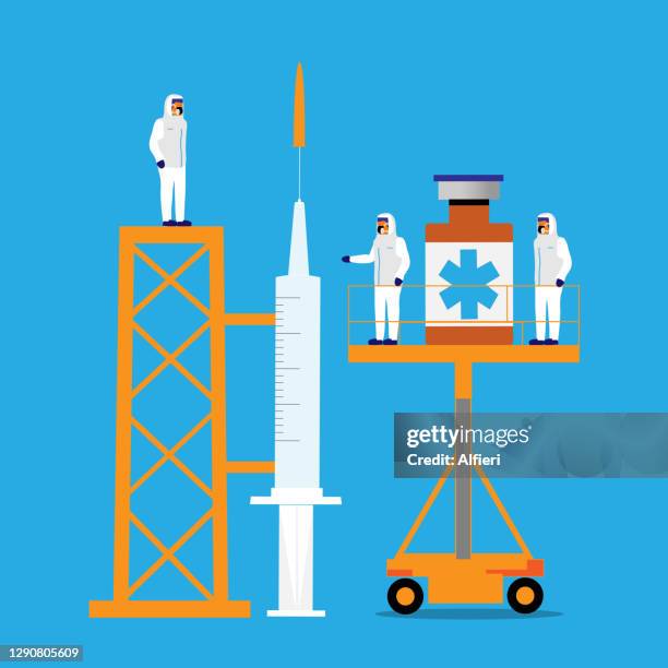 vaccine launch - rocket launch tower stock illustrations