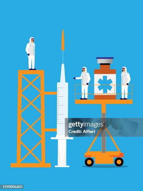vaccine launch. - rocket launch tower stock illustrations