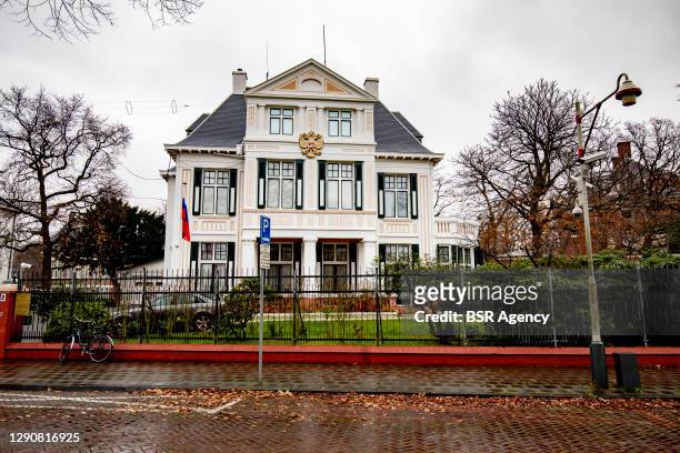 Exterior view of the Russian Embassy on December 11, 2020 in The Hague, Netherlands. Two Russian diplomats have been exposed as spies and have been...