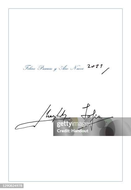 This handout image provided by the Spanish Royal Household shows the inside of the Royal Christmas Card with the signature of Princess Sofia and...