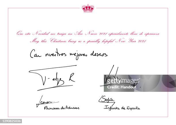 This handout image provided by the Spanish Royal Household shows the inside of the Royal Christmas Card with a message from the royal family on...