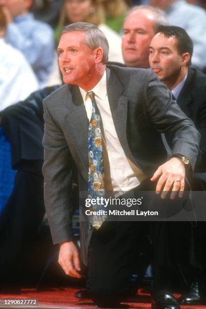 Head coach Jim O'Brien of the Boston College Eagles looks on during a college basketball game against the Georgetown Hoyas on February 26, 1994 at...