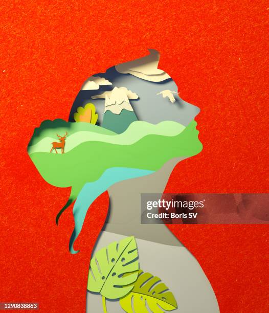 minding nature - woman illustration stock-fotos und bilder