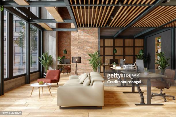umweltfreundlicher moderner büroinnenraum mit ziegelmauer, wartebereich und innenpflanzen. - table brick wall wood stock-fotos und bilder