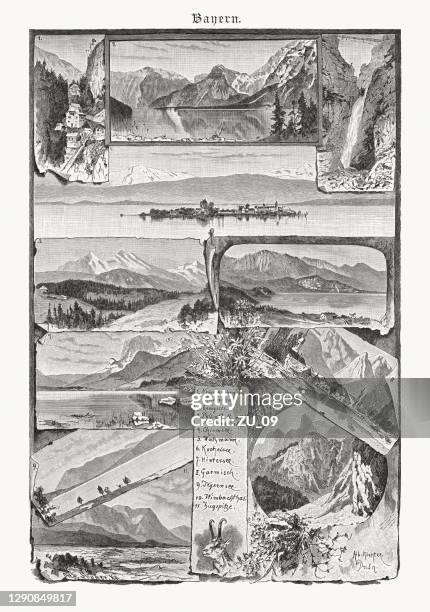 historical views of bavarian landscapes, germany, wood engraving, published 1893 - watzmann stock illustrations