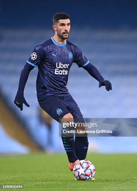 Alvaro Gonzalez of Marseille runs with the ball during the UEFA Champions League Group C stage match between Manchester City and Olympique de...