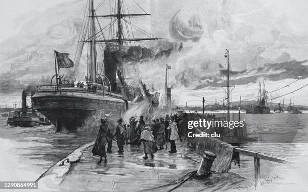 the departure of the emigrant ship - 19th century stock illustrations