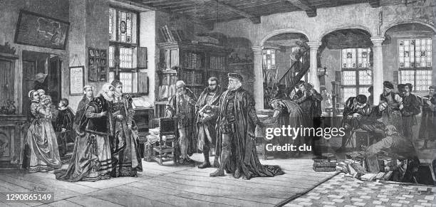library of a book printer in antwerp, 16th century - old printer stock illustrations