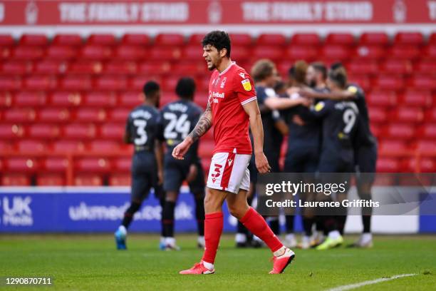 Tobias Figueiredo of Nottingham Forest looks dejected after conceding a goal from Henrik Dalsgaard of Brentford during the Sky Bet Championship match...