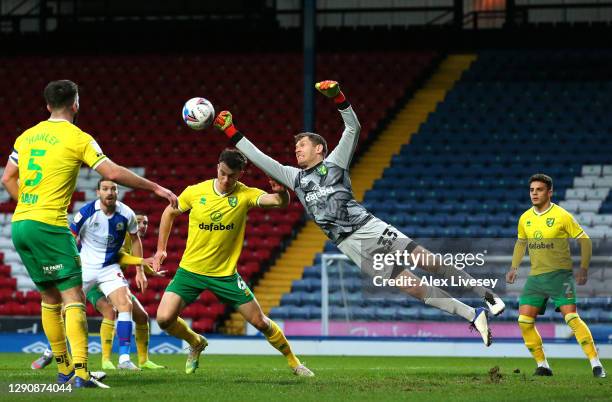 Michael McGovern of Norwich City punches the ball clear during the Sky Bet Championship match between Blackburn Rovers and Norwich City at Ewood Park...