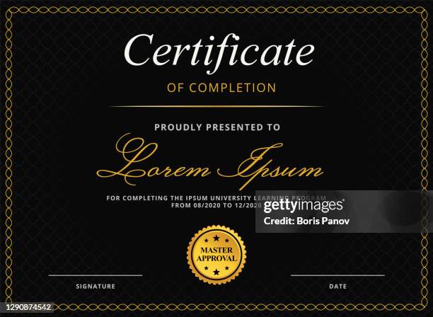 certificate or diploma template for university graduation or online e-learning course completion award with gold border and fancy dark black background - gold certificate stock illustrations