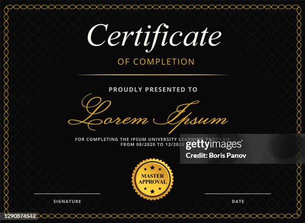 certificate or diploma template for university graduation or online e-learning course completion award with gold border and fancy dark black background - gala invitation stock illustrations