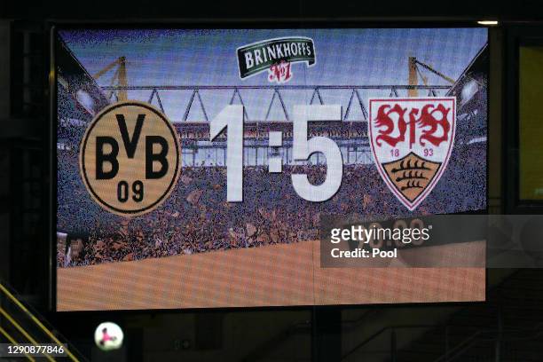 The big screen inside the stadium displays the full time score, as Borussia Dortmund lose 1 - 5 to VfB Stuttgart following the Bundesliga match...