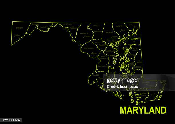 neonkarte von maryland vor schwarzem hintergrund - maryland staat stock-grafiken, -clipart, -cartoons und -symbole