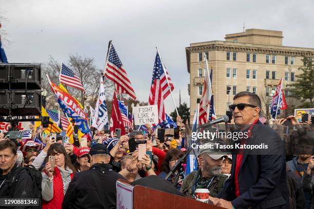Former General Michael Flynn, President Donald Trump’s recently pardoned national security adviser, speaks during a protest of the outcome of the...