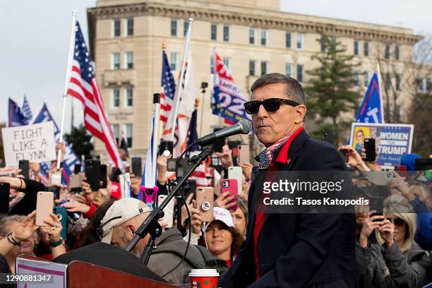 Former General Michael Flynn, President Donald Trump’s recently pardoned national security adviser, speaks during a protest of the outcome of the...