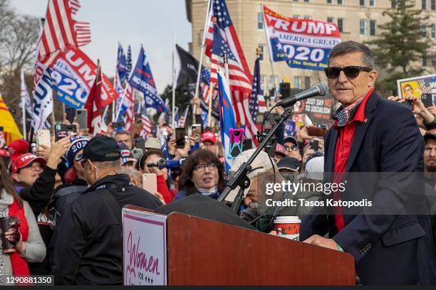 Former General Michael Flynn, President Donald Trump’s recently pardoned national security adviser, speaks during a protest of the outcome of the...