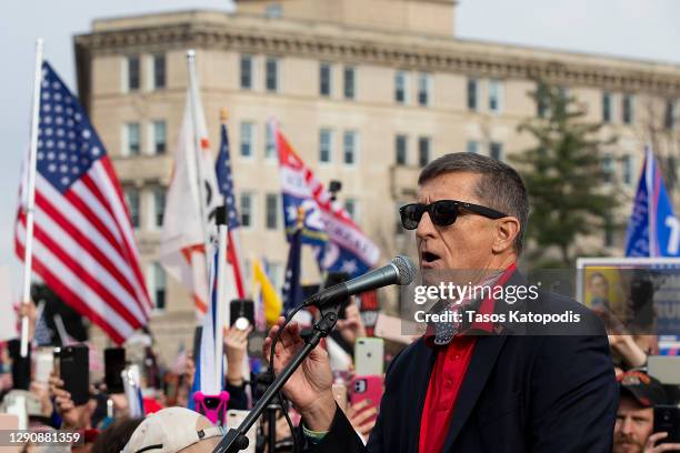 Former General Michael Flynn, President Donald Trump’s recently pardoned national security adviser, speaks during a protest of the outcome of the...