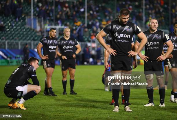 Ben Spencer of Bath is dejected on the final whistle after a TMO decision ruled out a last minute try as Charlie Ewells and Sam Underhill lok on...