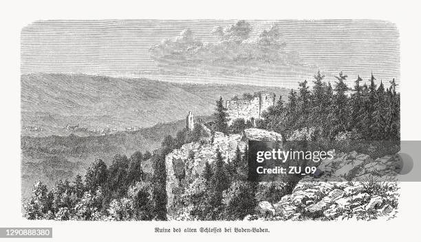 ilustraciones, imágenes clip art, dibujos animados e iconos de stock de vista histórica del castillo de hohenbaden, baden-baden, alemania, xilografía, 1893 - baden baden aerial