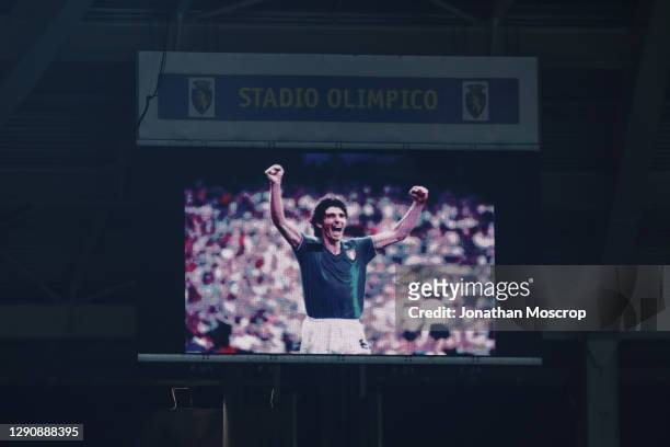 An image of the late Italy World Cup ero Paolo Rossi is projected in the stadium's screen as players and officials observe a minute's silence as a...