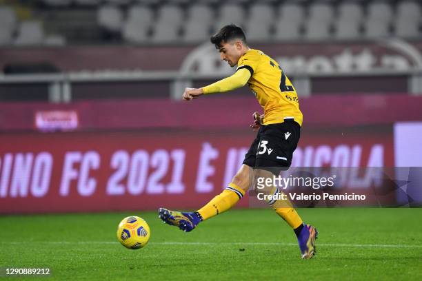 Ignacio Pussetto of Udinese Calcio scores their team's first goal during the Serie A match between Torino FC and Udinese Calcio at Stadio Olimpico di...