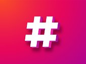 Hashtag symbol 3d. Trending white tag blog on red background and social networks chat.