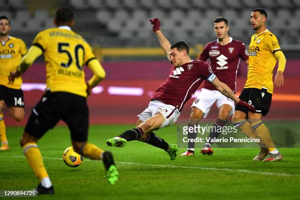 Andrea Belotti of Torino F.C. Scores their team's first goal during the Serie A match between Torino FC and Udinese Calcio at Stadio Olimpico di...