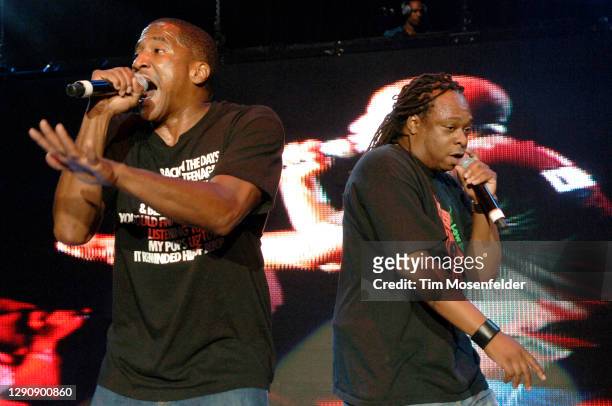 Tip and Jarobi White of A Tribe Called Quest perform during Rock the Bells at Shoreline Amphitheatre on August 16, 2008 in Mountain View, California.