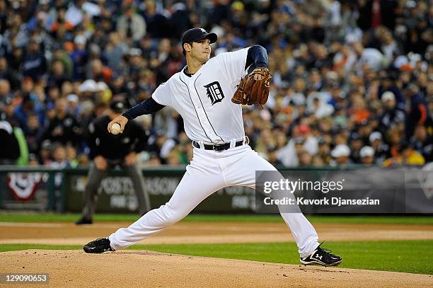 Rick Porcello of the Detroit Tigers throws a pitch against the Texas Rangers in the first inning of Game Four of the American League Championship...