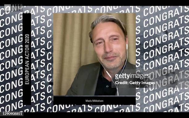 In this screengrab, Mads Mikkelsen accepts the award for Best European Actor 2020 during the 33rd European Film Awards on December 12, 2020.