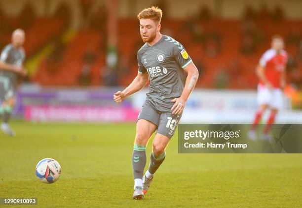 Callum Camps of Fleetwood Town during the Sky Bet League One match between Swindon Town and Fleetwood Town at the County Ground on December 12, 2020...