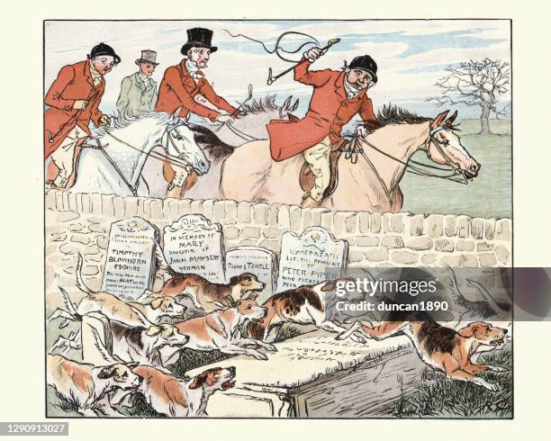 ilustrações de stock, clip art, desenhos animados e ícones de fox hunting, pack of hound running through graveyard, victorian - caça à raposa