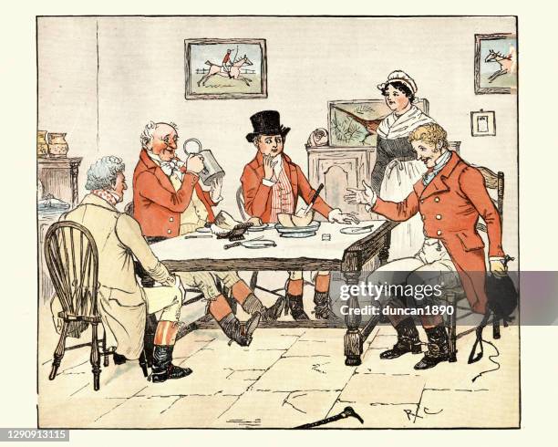 huntsmen having beer and lunch in a country pub, victorian - english culture stock illustrations