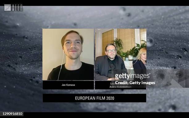 In this screengrab, nominated for Best European Film 2020, Jan Komasa, Leszek Bodzak and Aneta Hickinbotham during the 33rd European Film Awards on...