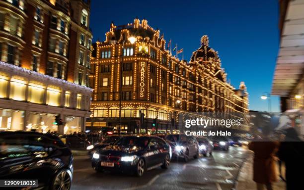 Harrods Festive Christmas lights on December 12, 2020 in London, England. Many Christmas events have been cancelled this year due to the Coronavirus...