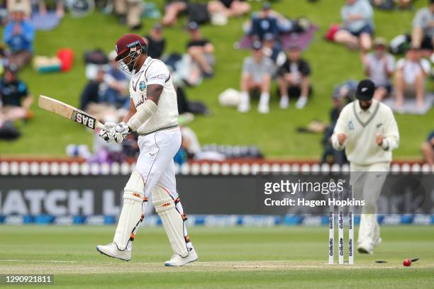 Shannon Gabriel of West Indies is bowled out by Tim Southee of New Zealand during day three of the second test match in the series between New...