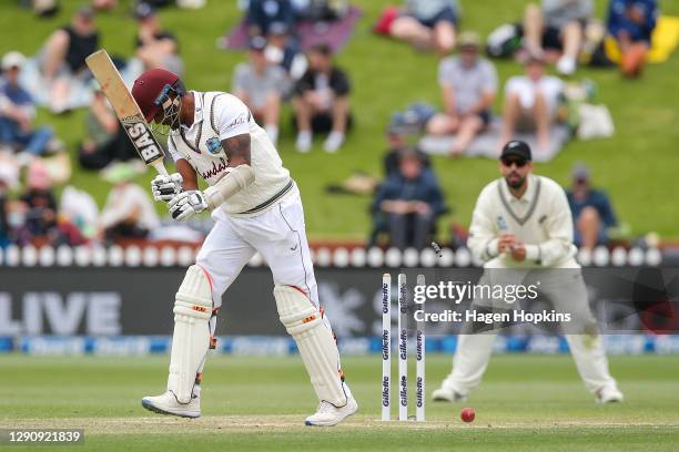 Shannon Gabriel of West Indies is bowled out by Tim Southee of New Zealand during day three of the second test match in the series between New...