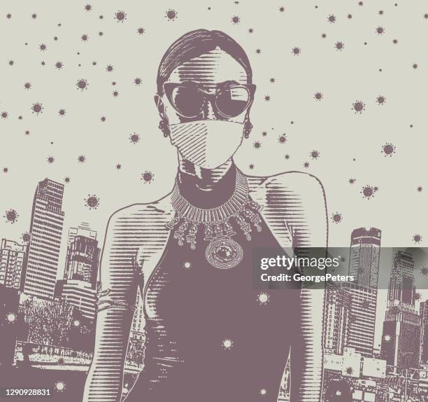 woman and covid-19 virus floating in the air - stubborn stock illustrations